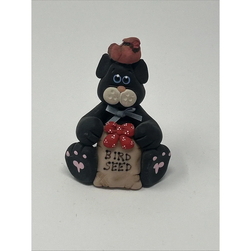 NEW Handmade Polymer Clay Figurine Black Cat w/ Bird Seed Bag & Cardinal on Head